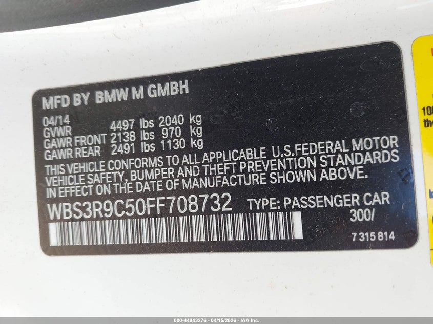 2015 BMW M4 VIN WBS3R9C50FF708732 IAAI salvage auction — RIGHT FRONT, Wait Title, sold $10,000 on 2026-07-22 (photo 9)