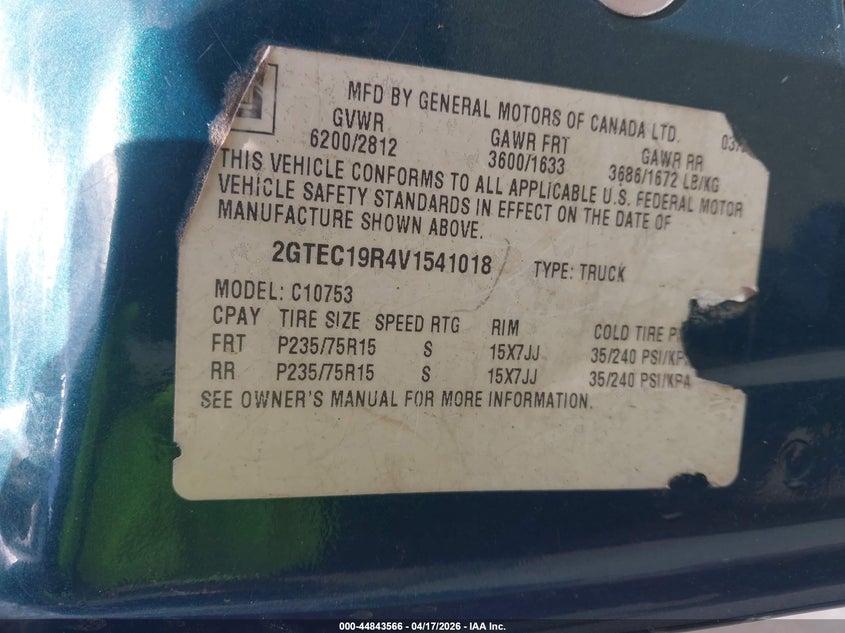1997 Gmc SIERRA VIN 2GTEC19R4V1541018 IAAI salvage auction — ENGINE BURN, Junking Certificate (Mississippi), sold $275 on 2026-07-09 (photo 9)