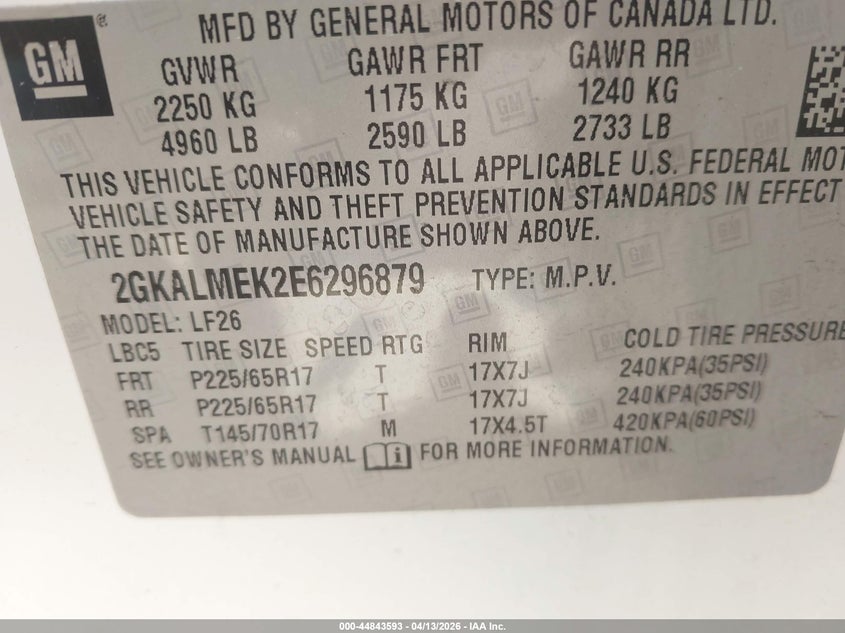 2014 Gmc Terrain VIN 2GKALMEK2E6296879 IAAI salvage auction — LEFT FRONT, Wait Title, sold $1,475 on 2026-08-01 (photo 9)