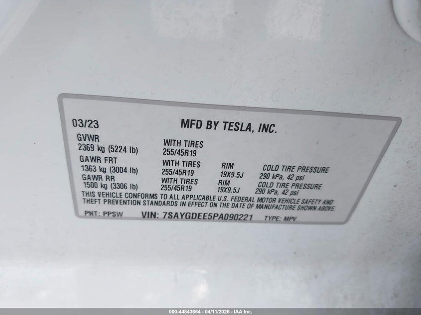 2023 Tesla Model y VIN 7SAYGDEE5PA090221 IAAI salvage auction — LEFT REAR, Salvage Title, sold $11,250 on 2026-07-09 (photo 9)