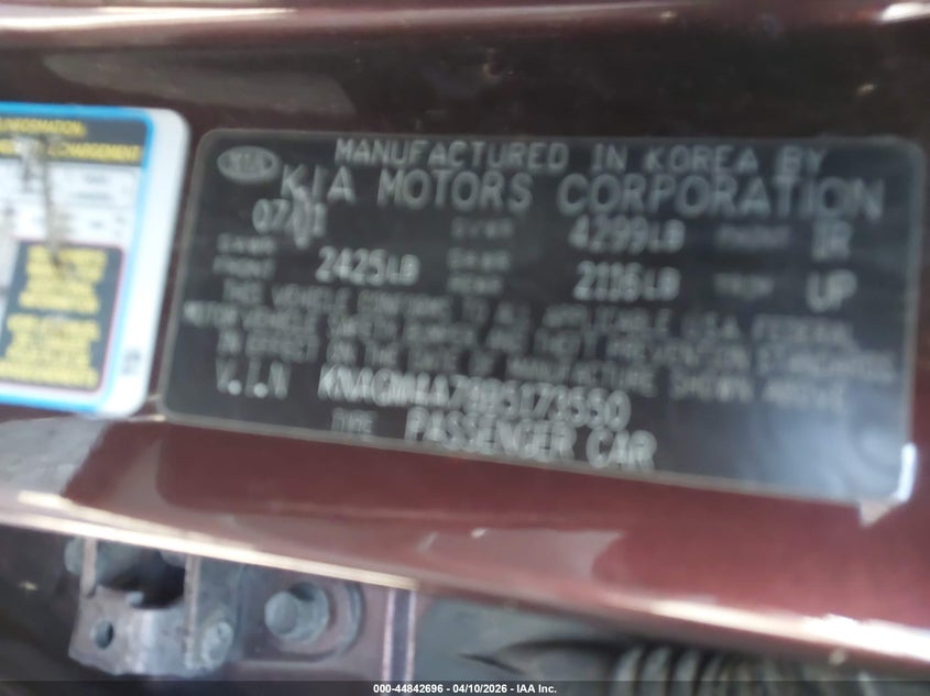 2011 Kia Optima VIN KNAGM4A78B5173550 IAAI salvage auction — FRONT END, Salvage (Pennsylvania), sold $425 on 2026-07-24 (photo 9)