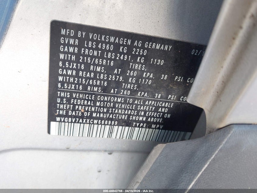 2012 Volkswagen Tiguan VIN WVGBV7AXXCW566999 IAAI salvage auction — FRONT END, Wait Title, sold $175 on 2026-07-29 (photo 9)