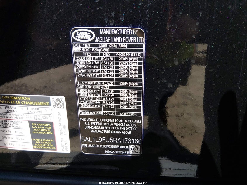 2024 Land rover Range rover sport VIN SAL1L9FU5RA173166 IAAI salvage auction — RIGHT REAR, Salvage - 75% Or Less (Maryland), sold $32,500 on 2026-07-30 (photo 9)