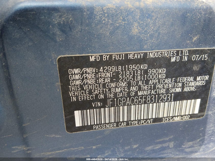 2015 Subaru Impreza VIN JF1GPAC65F8312931 IAAI salvage auction — FRONT END, Salvage (Missouri), sold $2,200 on 2026-07-25 (photo 9)