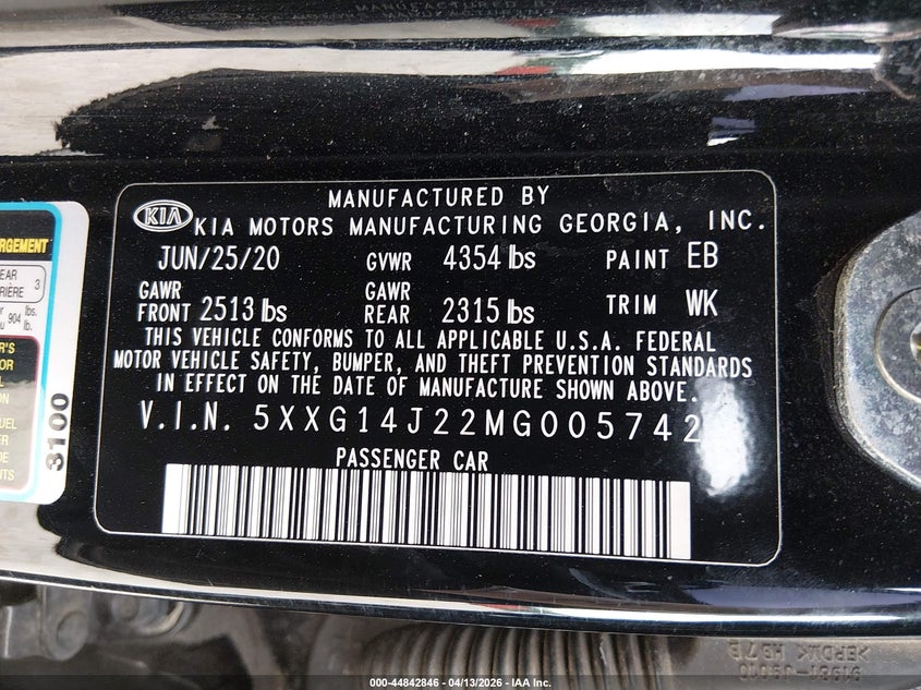 2021 Kia K5 VIN 5XXG14J22MG005742 IAAI salvage auction — LEFT FRONT, Salvage (Texas), sold $4,100 on 2026-07-24 (photo 9)