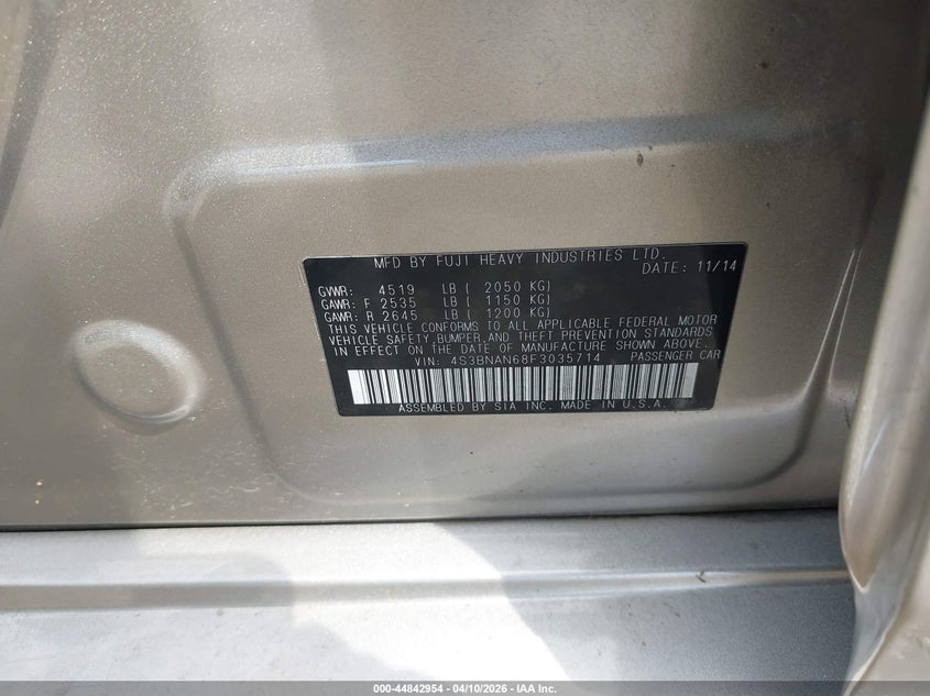 2015 Subaru LEGACY VIN 4S3BNAN68F3035714 IAAI salvage auction — RIGHT SIDE, Salvage (Mississippi), sold $850 on 2026-07-29 (photo 9)