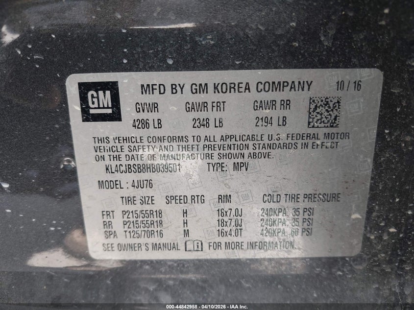 2017 Buick Encore VIN KL4CJBSB8HB039501 IAAI salvage auction — LEFT SIDE, Salvage Title, sold $1,650 on 2026-07-27 (photo 9)