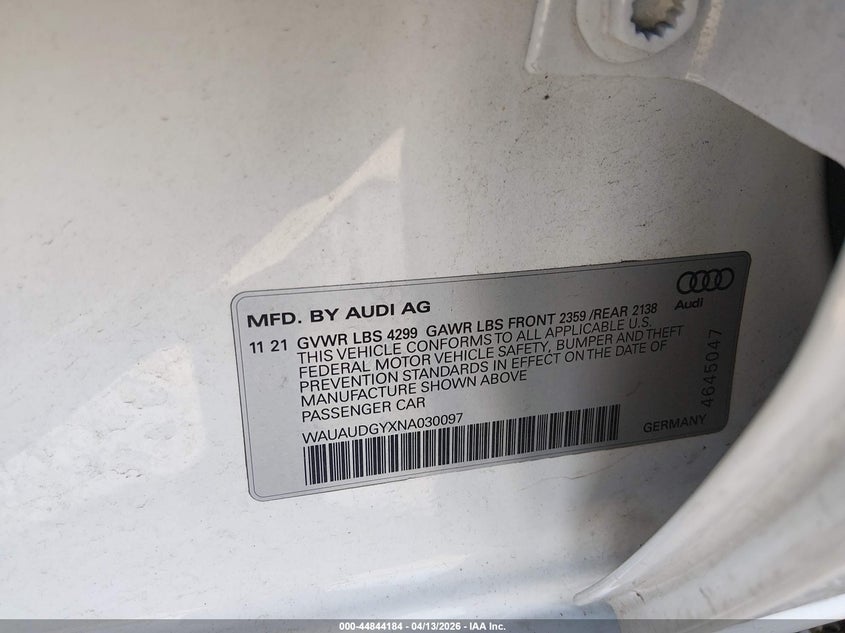 2022 Audi A3 VIN WAUAUDGYXNA030097 IAAI salvage auction — LEFT SIDE, Salvage Title, sold $7,100 on 2026-07-22 (photo 9)