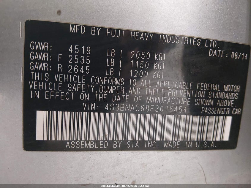 2015 Subaru LEGACY VIN 4S3BNAC68F3016454 IAAI salvage auction — FRONT END, Wait Title, sold $325 on 2026-07-10 (photo 9)