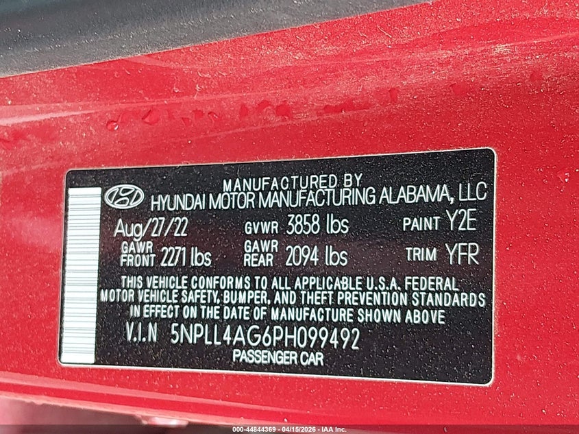 2023 Hyundai Elantra VIN 5NPLL4AG6PH099492 IAAI salvage auction — REAR END, Salvage (Oklahoma), sold $2,050 on 2026-07-07 (photo 9)
