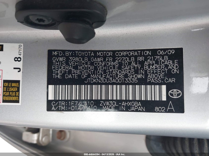 2010 Toyota Prius VIN JTDKN3DU3A0013335 IAAI salvage auction — FRONT END, Salvage (Illinois), sold $1,750 on 2026-07-08 (photo 9)