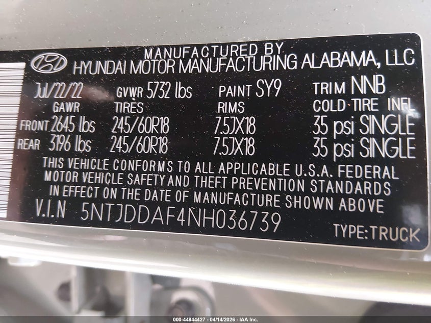 2022 Hyundai Santa cruz VIN 5NTJDDAF4NH036739 IAAI salvage auction — FRONT END, Salvage (Vermont), sold $3,950 on 2026-07-09 (photo 9)