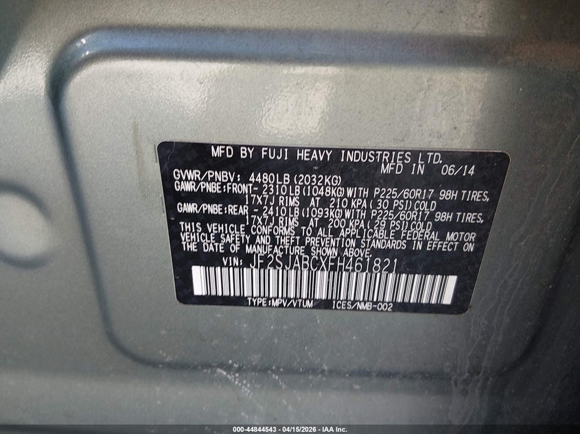 2015 Subaru Forester VIN JF2SJABCXFH461821 IAAI salvage auction — FRONT END, Wait Title, sold $175 on 2026-07-22 (photo 9)