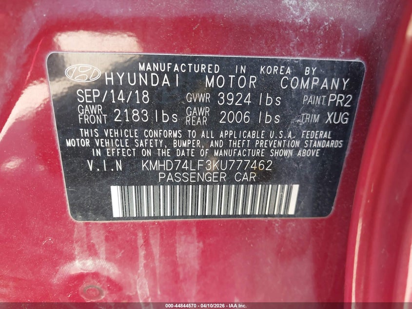 2019 Hyundai Elantra VIN KMHD74LF3KU777462 IAAI salvage auction — REAR END, Salvage Title, sold $1,950 on 2026-07-08 (photo 9)