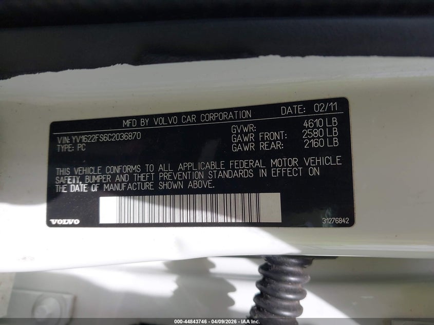 2012 Volvo S60 VIN YV1622FS6C2036870 IAAI salvage auction — NORMAL WEAR, Salvage Title, sold $350 on 2026-08-03 (photo 9)