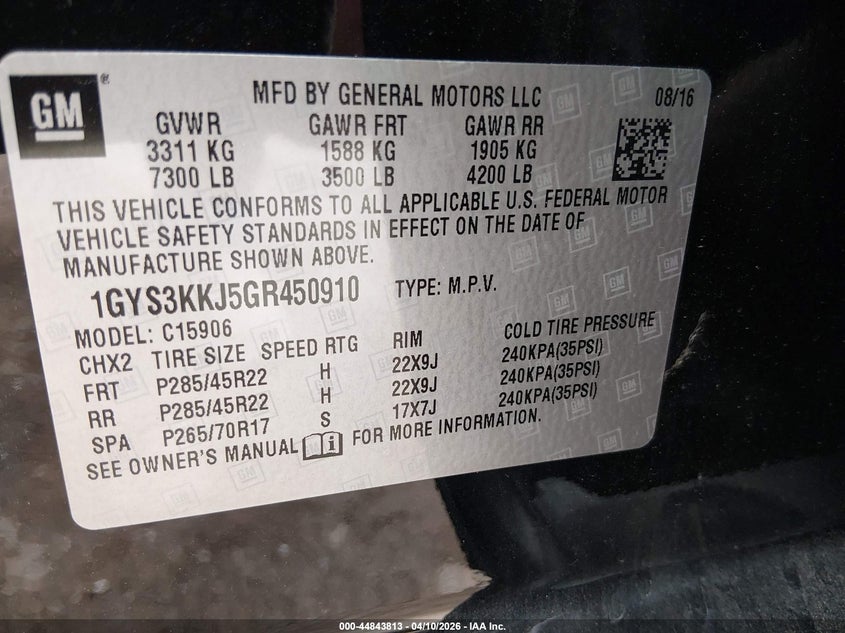 2016 Cadillac Escalade VIN 1GYS3KKJ5GR450910 IAAI salvage auction — FRONT END, Salvage Title, sold $3,500 on 2026-09-02 (photo 9)
