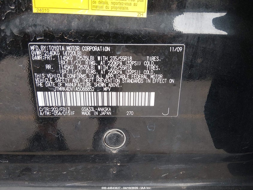 2010 Toyota Rav 4 VIN JTMRK4DV1A5088852 IAAI salvage auction — FRONT & REAR, Salvage (Colorado), sold $25 on 2026-07-28 (photo 9)