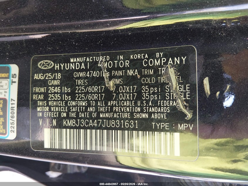 2018 Hyundai Tucson VIN KM8J3CA47JU831631 IAAI salvage auction — FRONT END, Salvage (Massachusetts), sold $1,850 on 2026-07-17 (photo 9)