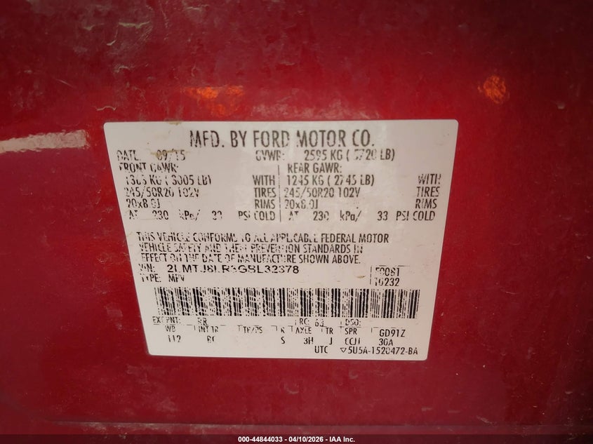 2016 Lincoln Mkx VIN 2LMTJ8LR3GBL32378 IAAI salvage auction — FRONT END, Salvage (Iowa), sold $1,750 on 2026-07-21 (photo 9)