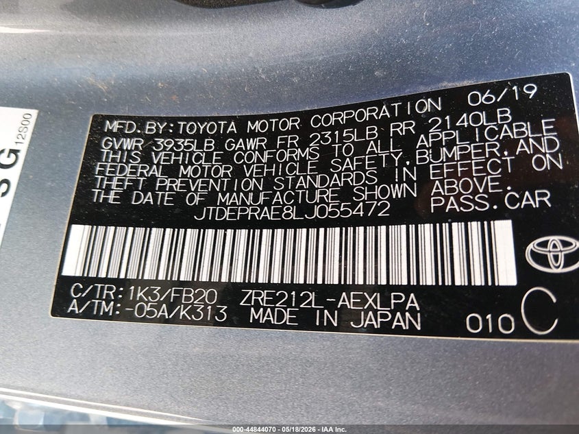 2020 Toyota Corolla VIN JTDEPRAE8LJ055472 IAAI salvage auction — RIGHT SIDE, Clear (Colorado), sold $2,700 on 2026-07-15 (photo 9)