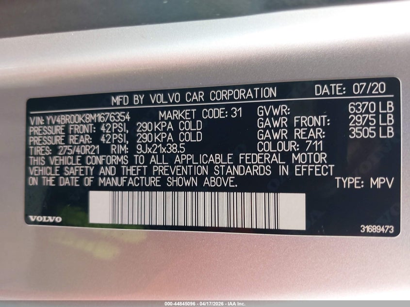 2021 Volvo Xc90 VIN YV4BR00K8M1676354 IAAI salvage auction — LEFT REAR, Salvage Title, sold $15,150 on 2026-07-17 (photo 9)