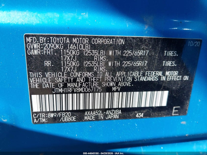 2021 Toyota Rav 4 VIN JTMH1RFV8MD067175 IAAI salvage auction — FRONT END, Salvage (Illinois), sold $3,550 on 2026-07-21 (photo 9)