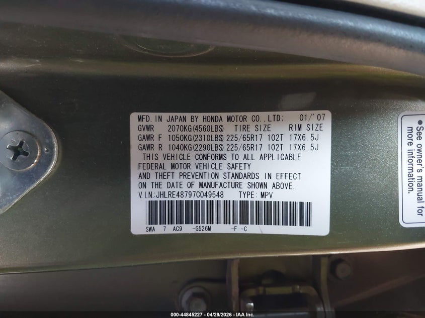 2007 Honda Cr-v VIN JHLRE48797C049548 IAAI salvage auction — LEFT SIDE, Salvage (Utah), sold $1,175 on 2026-07-13 (photo 9)
