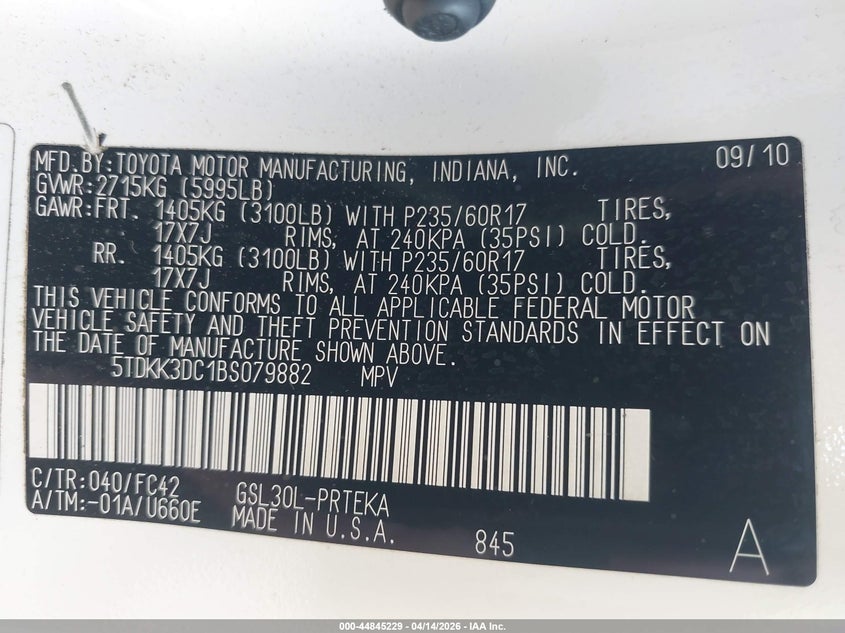 2011 Toyota Sienna VIN 5TDKK3DC1BS079882 IAAI salvage auction — FRONT & REAR, Mv-907A (New York), sold $1,825 on 2026-07-21 (photo 9)