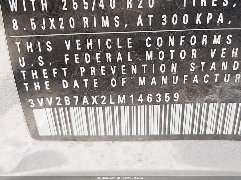 2020 Volkswagen Tiguan VIN 3VV2B7AX2LM146359 IAAI salvage auction — SIDE, Salvage Title, sold $3,350 on 2026-07-26 (photo 9)