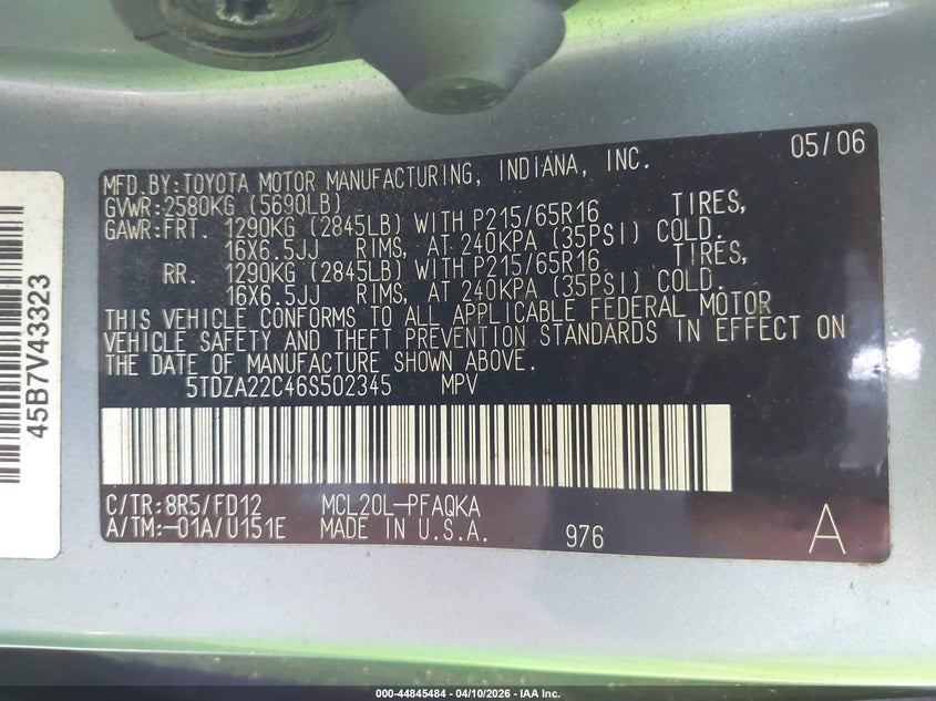 2006 Toyota Sienna VIN 5TDZA22C46S502345 IAAI salvage auction — NORMAL WEAR, Clear (Tennessee), sold $1,225 on 2026-07-15 (photo 9)