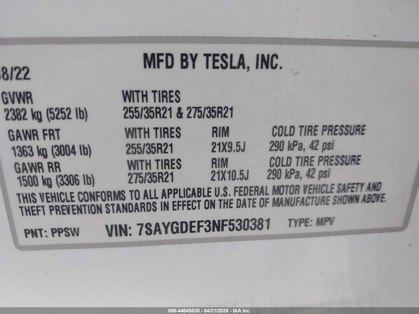 2022 Tesla Model y VIN 7SAYGDEF3NF530381 IAAI salvage auction — REAR END, Salvage (California), sold $12,450 on 2026-07-08 (photo 9)