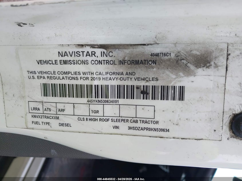 2019 International VIN 3HSDZAPR0KN530634 IAAI salvage auction — REPOSSESSION, Salvage Title, sold $12,150 on 2026-07-08 (photo 8)