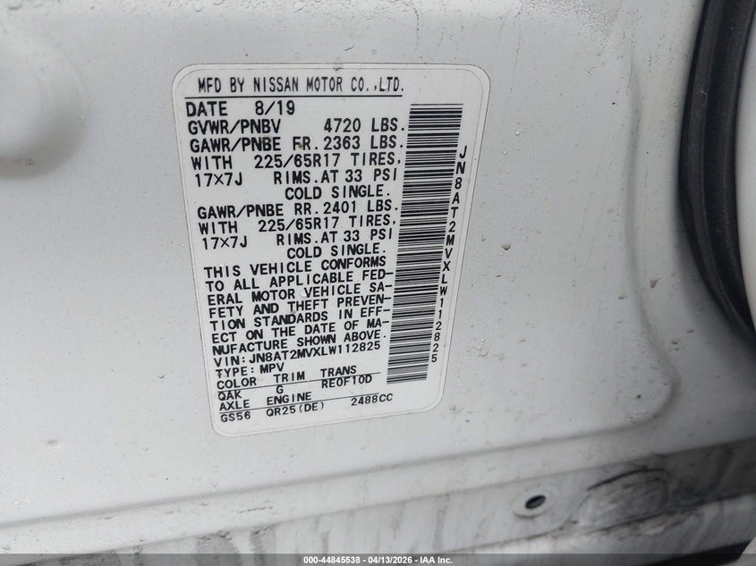 2020 Nissan Rogue VIN JN8AT2MVXLW112825 IAAI salvage auction — LEFT REAR, Salvage Title, sold $5,450 on 2026-07-07 (photo 9)