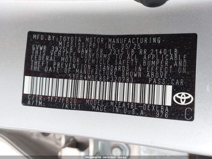 2025 Toyota Corolla VIN 5YFB4MDE8SP320783 IAAI salvage auction — FRONT END, Salvage Title, sold $5,150 on 2026-07-16 (photo 9)
