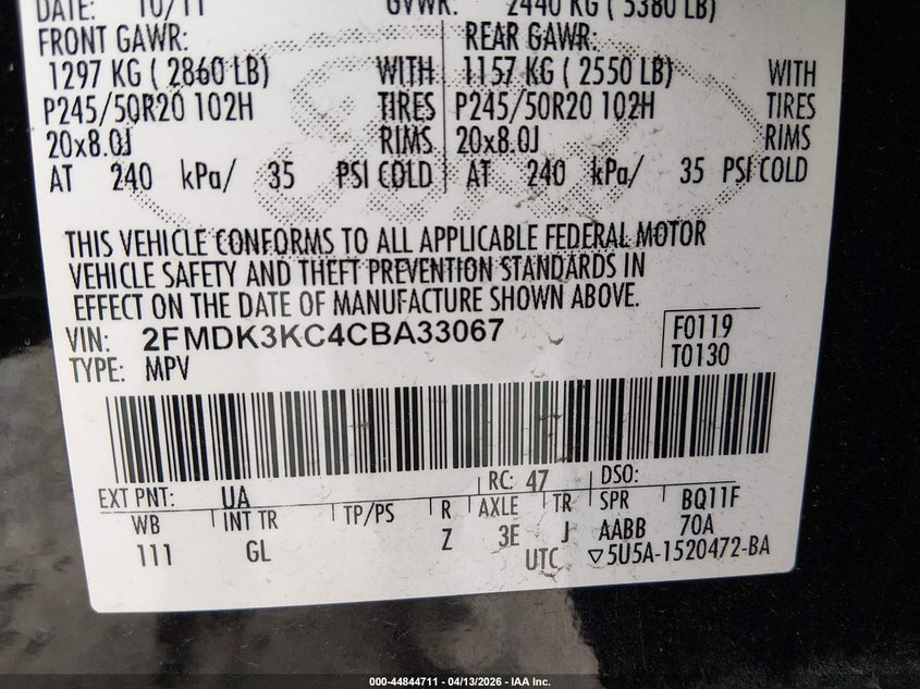 2012 Ford Edge VIN 2FMDK3KC4CBA33067 IAAI salvage auction — FRONT END, Salvage Title, sold $575 on 2026-07-22 (photo 9)