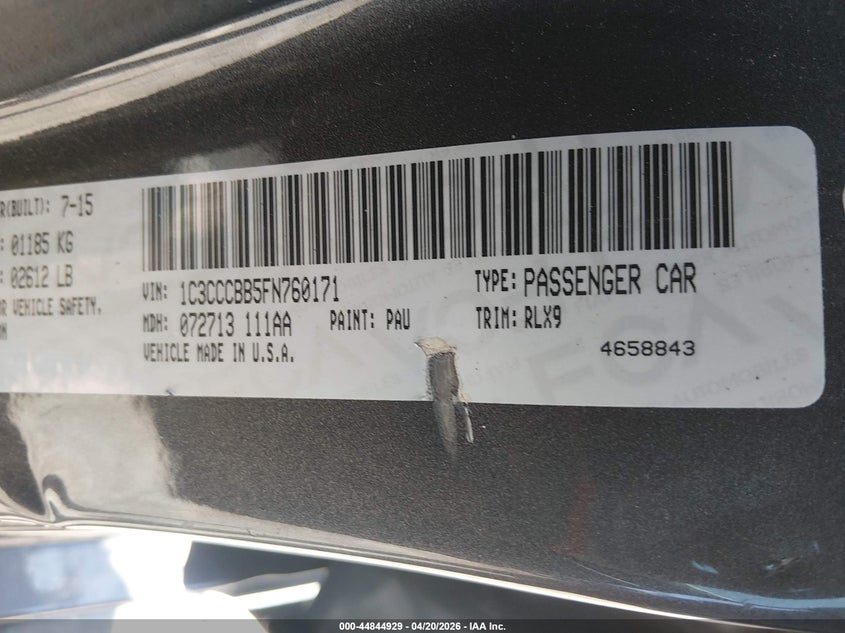 2015 Chrysler 200 VIN 1C3CCCBB5FN760171 IAAI salvage auction — REAR END, Salvage Title, sold $1,500 on 2026-07-20 (photo 9)