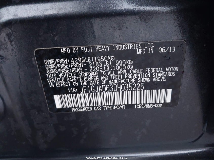 2013 Subaru Impreza VIN JF1GJAD63DH035225 IAAI salvage auction — FRONT END, Enterprise Vehicles Clear Only (Indiana), sold $25 on 2026-07-28 (photo 9)