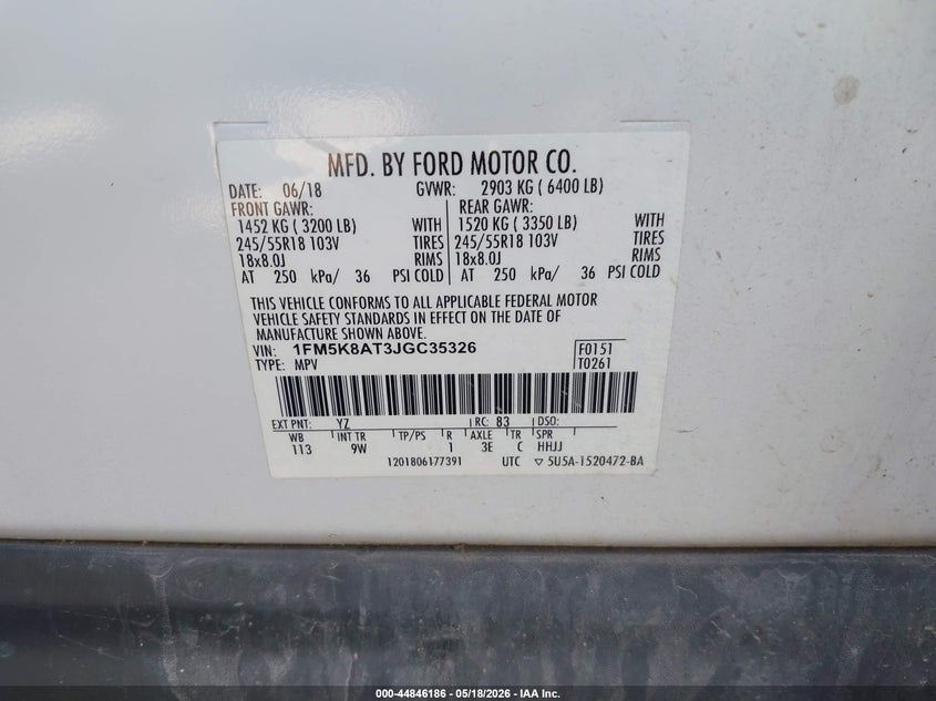 2018 Ford Police interceptor utility VIN 1FM5K8AT3JGC35326 IAAI salvage auction — NORMAL WEAR, Sf97 (Tennessee), sold $550 on 2026-07-20 (photo 9)