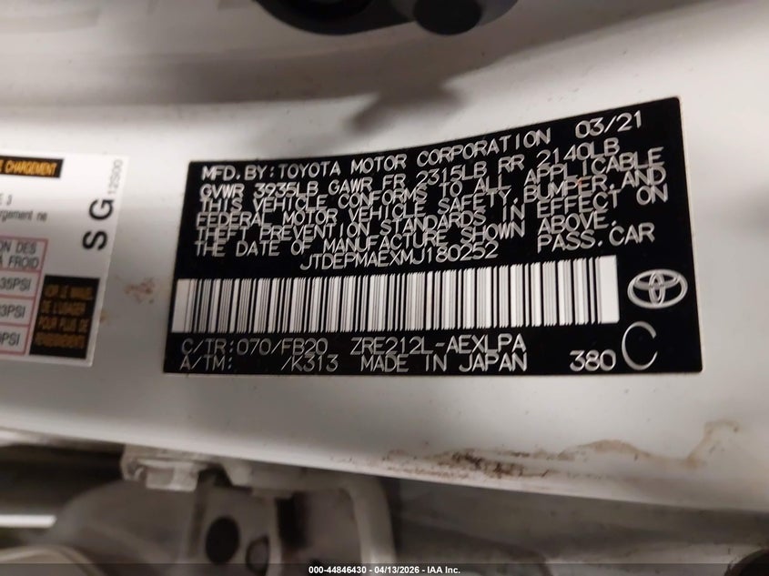 2021 Toyota Corolla VIN JTDEPMAEXMJ180252 IAAI salvage auction — RIGHT FRONT, Salvage Title, sold $3,600 on 2026-07-29 (photo 9)