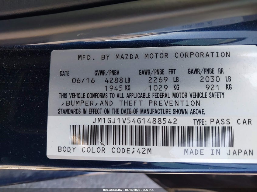 2016 Mazda 6 VIN JM1GJ1V54G1488542 IAAI salvage auction — FRONT END, Wait Title, sold $650 on 2026-07-23 (photo 9)