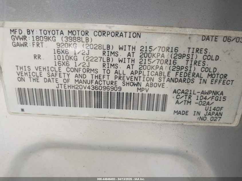 2003 Toyota Rav4 VIN JTEHH20V436096909 IAAI salvage auction — NORMAL WEAR, Clear (Maryland), sold $950 on 2026-07-30 (photo 9)