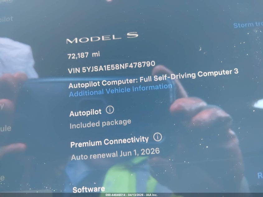 2022 Tesla Model s VIN 5YJSA1E58NF478790 IAAI salvage auction — FRONT END, Salvage Title, sold $1,850 on 2026-07-21 (photo 7)
