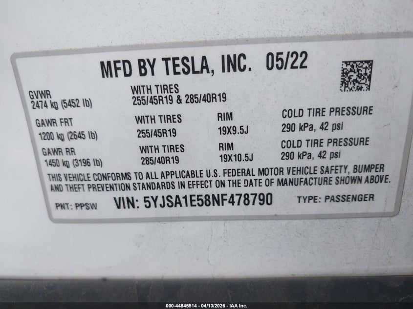 2022 Tesla Model s VIN 5YJSA1E58NF478790 IAAI salvage auction — FRONT END, Salvage Title, sold $1,850 on 2026-07-21 (photo 9)