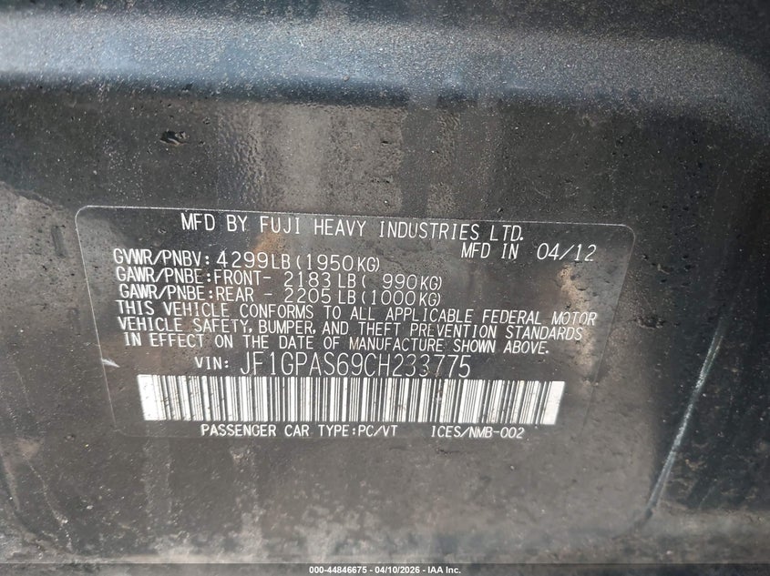 2012 Subaru Impreza VIN JF1GPAS69CH233775 IAAI salvage auction — NORMAL WEAR, Salvage Title, sold $425 on 2026-07-21 (photo 9)