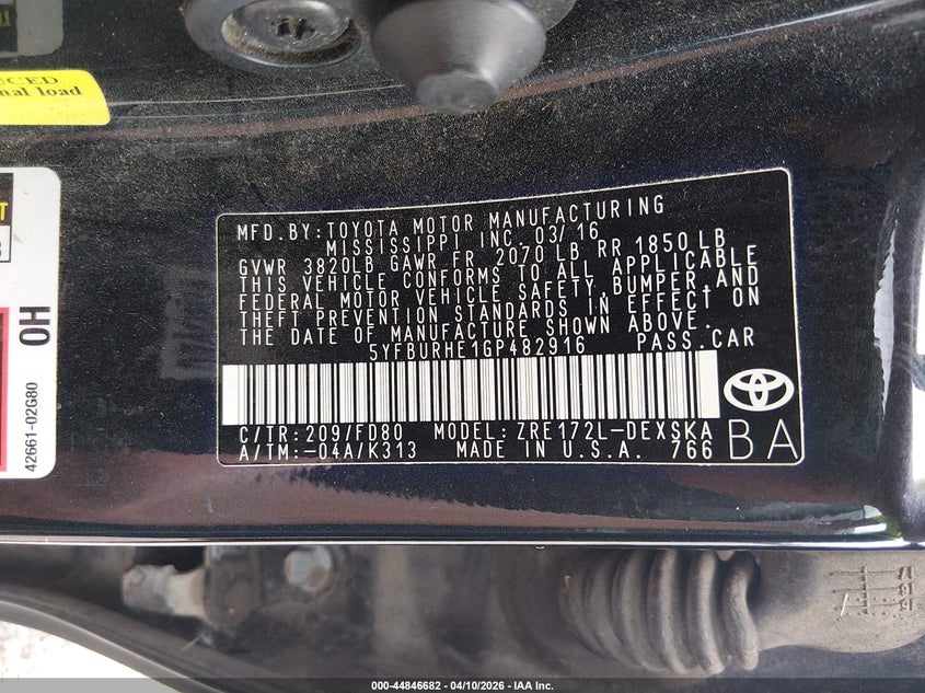 2016 Toyota Corolla VIN 5YFBURHE1GP482916 IAAI salvage auction — FRONT END, Salvage Title, sold $2,225 on 2026-07-22 (photo 9)