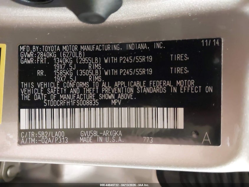 2015 Toyota Highlander VIN 5TDDCRFH1FS008835 IAAI salvage auction — FRONT END, Salvage (Minnesota), sold $5,000 on 2026-07-05 (photo 9)