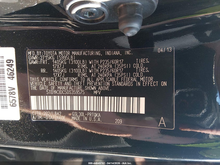 2013 Toyota Sienna VIN 5TDYK3DC5DS359575 IAAI salvage auction — REAR END, Salvage (New Jersey), sold $3,100 on 2026-07-09 (photo 9)
