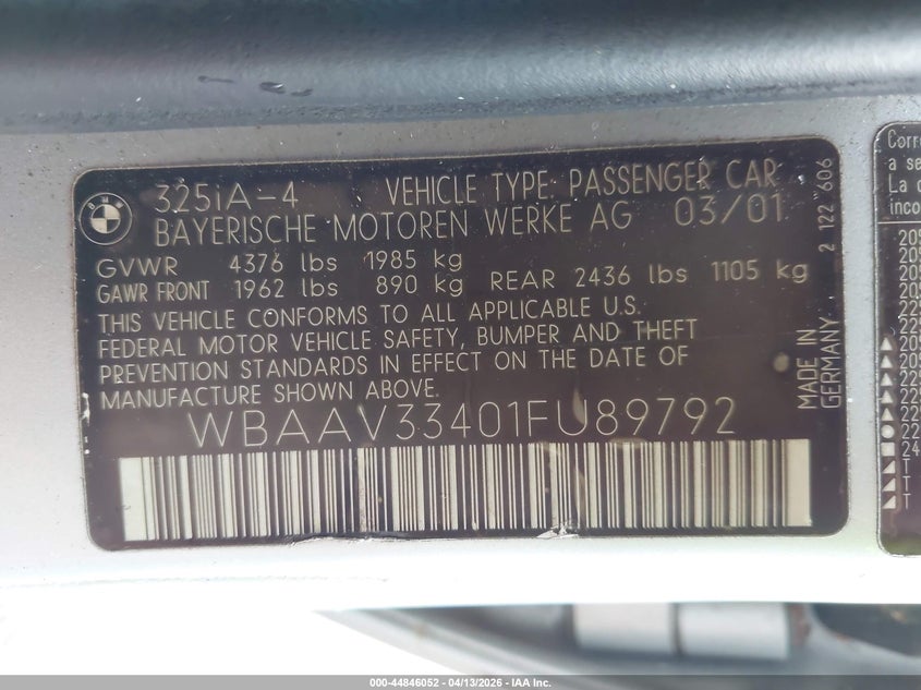 2001 BMW 3er VIN WBAAV33401FU89792 IAAI salvage auction — SIDE, Clear (Hawaii), sold $125 on 2026-08-18 (photo 9)