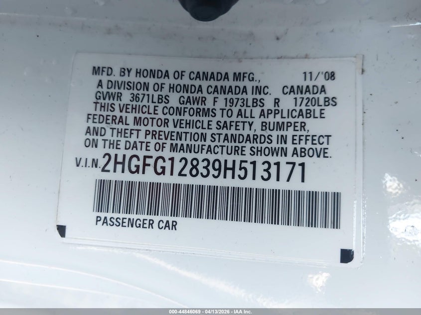 2009 Honda Civic VIN 2HGFG12839H513171 IAAI salvage auction — FRONT END, Salvage (California), sold $1,725 on 2026-07-09 (photo 9)