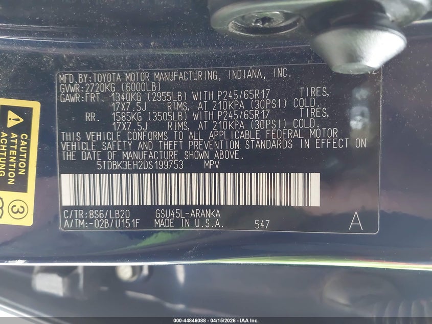 2013 Toyota Highlander VIN 5TDBK3EH2DS199753 IAAI salvage auction — FRONT END, Salvage (Montana), sold $1,600 on 2026-07-15 (photo 9)